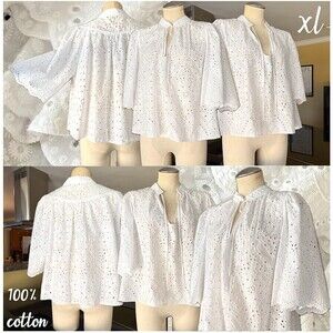 LIKE NEW H&M White Cotton Eyelet Broderie Tie Neck Scalloped Elbow Sleeve Blouse